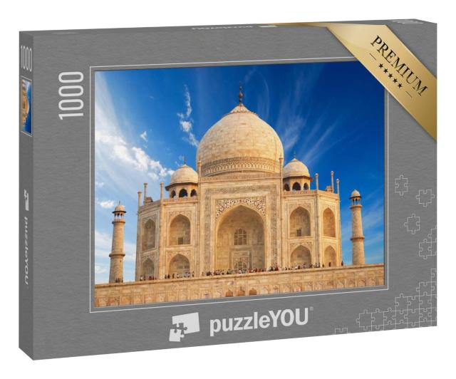 Puzzle 1000 Teile „Taj Mahal in Indien, blauer Himmel, Menschen“