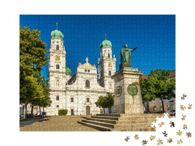 Puzzle 1000 Teile „Blick auf den Stephansdom mit Denkmal, Passau, Bayern“