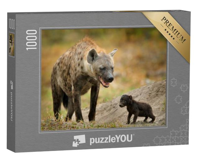 Puzzel 1000 stukjes „Pasgeboren hyena welp met zijn moeder, Okavango, Botswana“