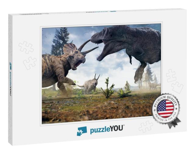 3D Rendering of Tyrannosaurus Rex Facing Off Against a Tr... Jigsaw Puzzle