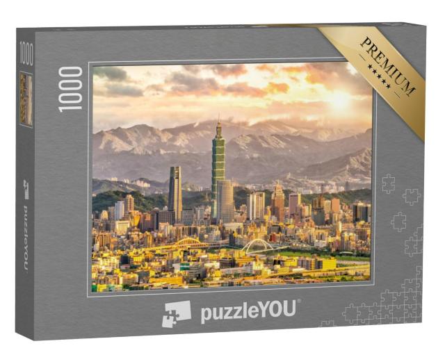 Puzzel 1000 stukjes „Taipei skyline met berglandschap bij zonsondergang“