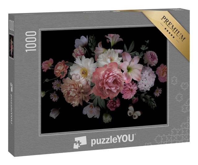 Puzzle 1000 Teile „Luxuriöser barocker Blumenstrauß, Pfingstrosen, Rosen, Tulpen“