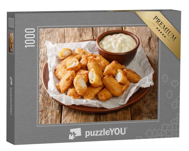 Puzzel 1000 stukjes „Vis voorgerecht bestaande uit gefrituurde stukjes kabeljauw, geserveerd met een dipsaus“