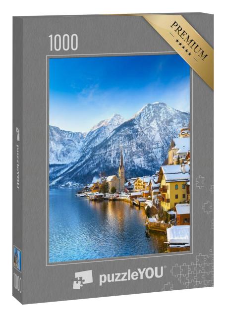 Puzzle 1000 Teile „Hallstadt an einem schönen kalten sonnigen Tag mit blauem Himmel, Österreich“