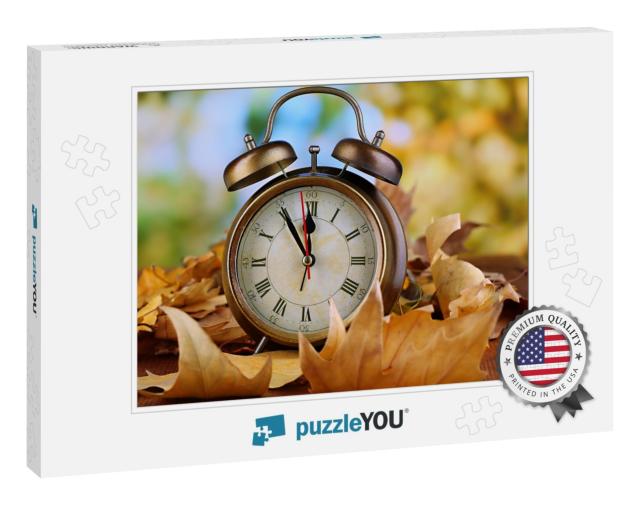 Old Clock on Autumn Leaves on Wooden Table on Natural Bac... Jigsaw Puzzle