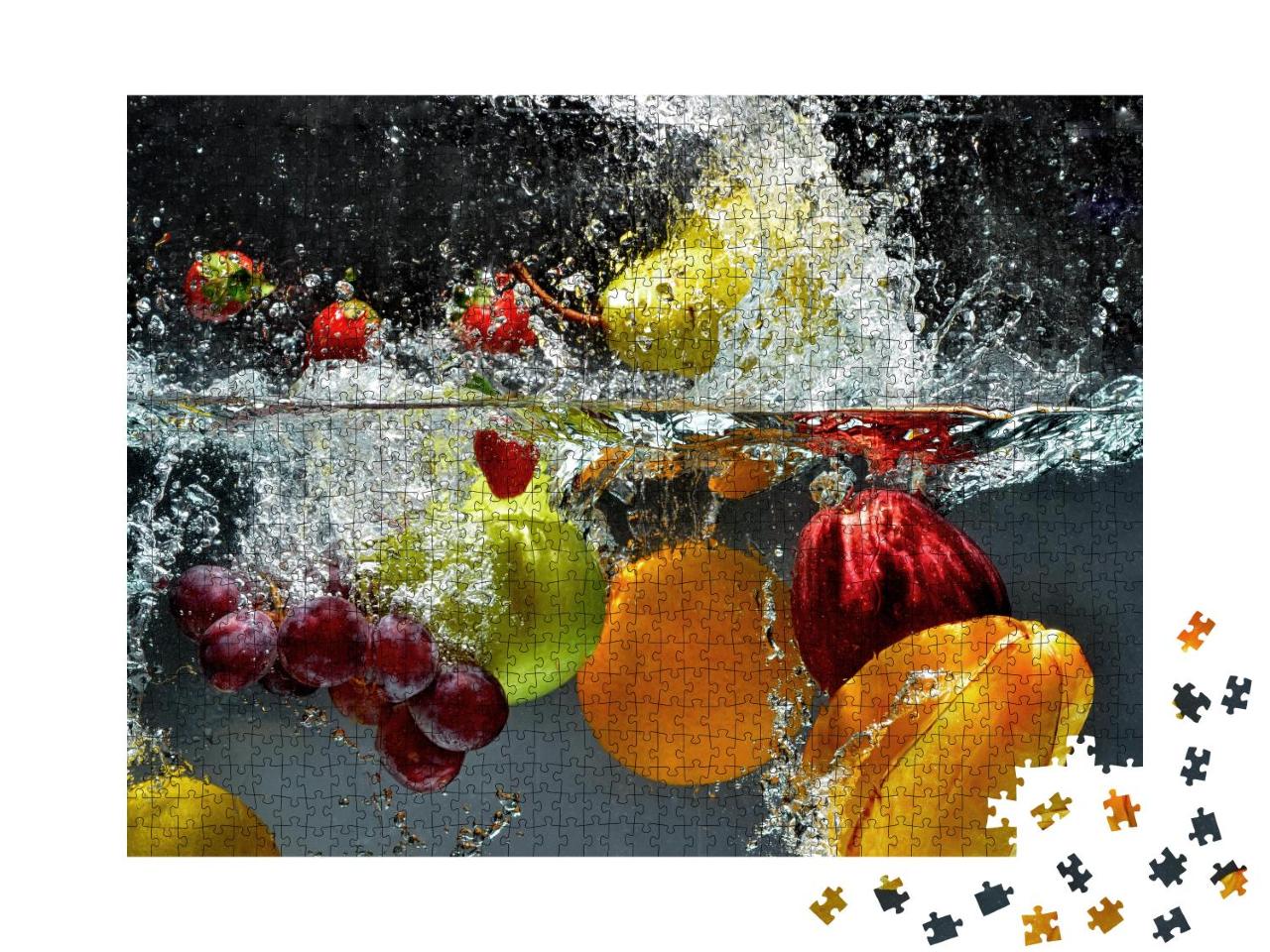 Puzzle 100 Teile „Frisches Obst und Gemüse, das unter Wasser getaucht wird“