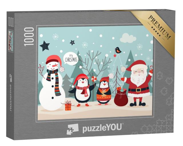 Puzzel 1000 stukjes „Kerstkaart met grappige figuren tegen een winterse achtergrond“