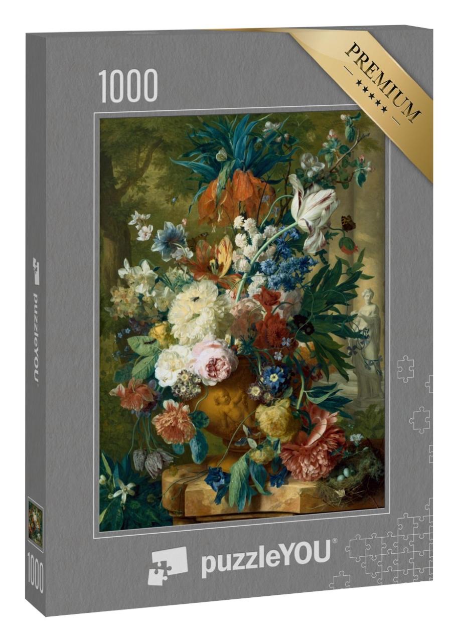 Puzzle 1000 Teile „Opulenter Strauß aus Tulpen und Rosen, Stillleben von 2019, Öl auf Leinwand“