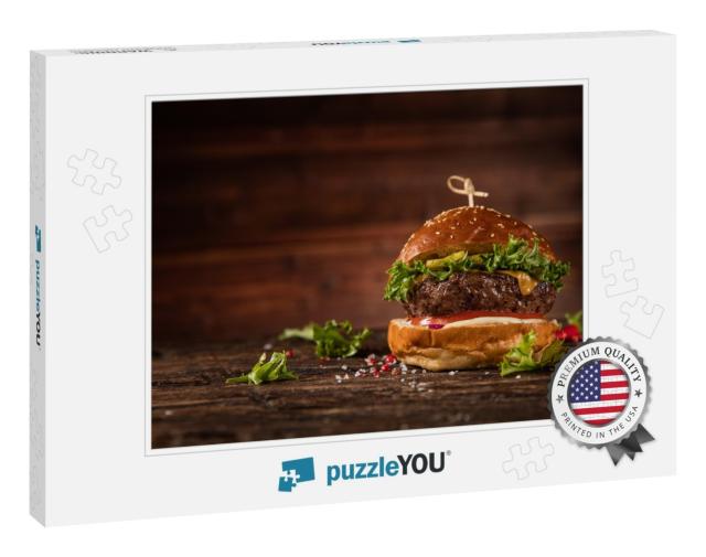 Delicious Hamburger, Served on Wood. Free Space for Text... Jigsaw Puzzle