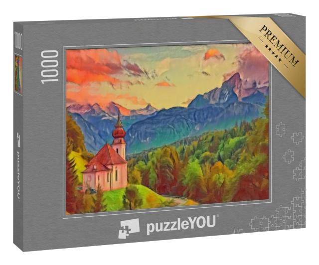 Puzzle 1000 Teile „im Kunst-Stil von Franz Marc - Watzmann mit Kirche Maria Gern - Puzzle-Kollektion Künstler & Gemälde“