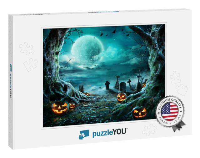 Jack O Lantern in Cemetery in Spooky Night with Full Moon... Jigsaw Puzzle