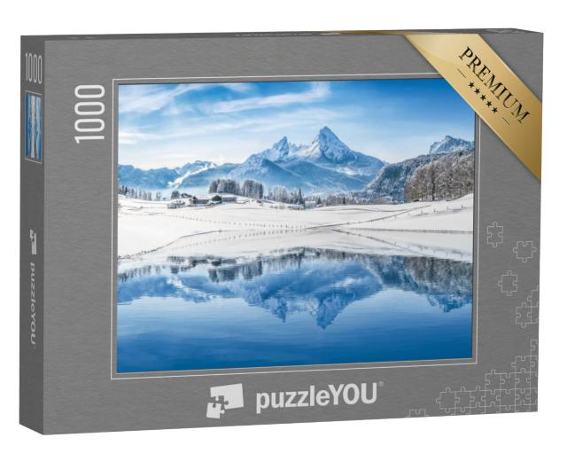 Puzzel 1000 stukjes „Dromerig winterlandschap van de Alpen: Panorama van besneeuwde toppen“