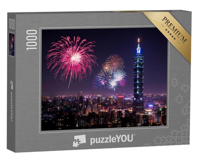 Puzzel 1000 stukjes „Taipei skyline met vuurwerk“