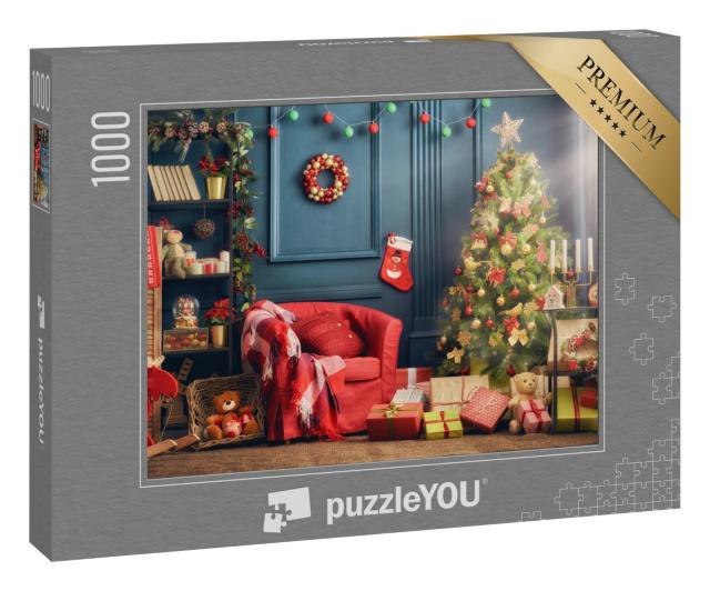 Puzzle 1000 Teile „Frohe Weihnachten: schönes, weihnachtlich geschmücktes Wohnzimmer“