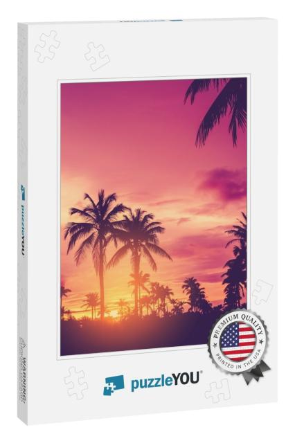Tropical Palm Tree with Colorful Bokeh Sun Light on Sunse... Jigsaw Puzzle