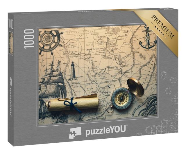 Puzzle 1000 Teile „Vintage-Fotografie: Kompass auf alter Navigationskarte“
