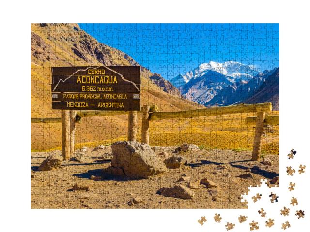 Puzzle 1000 Teile „Cerro Aconcagua, Schild in den Bergen von Argentinien“