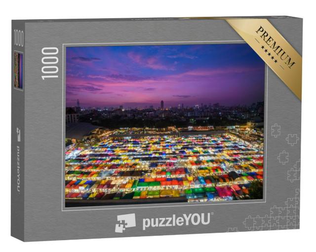 Puzzel 1000 stukjes „Kleurrijk verlichte avondmarkt in Bangkok, Thailand“