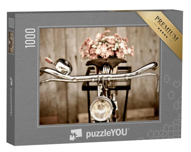 Puzzel 1000 stukjes „Vintage fiets met een boeket bloemen op de bagagedrager“