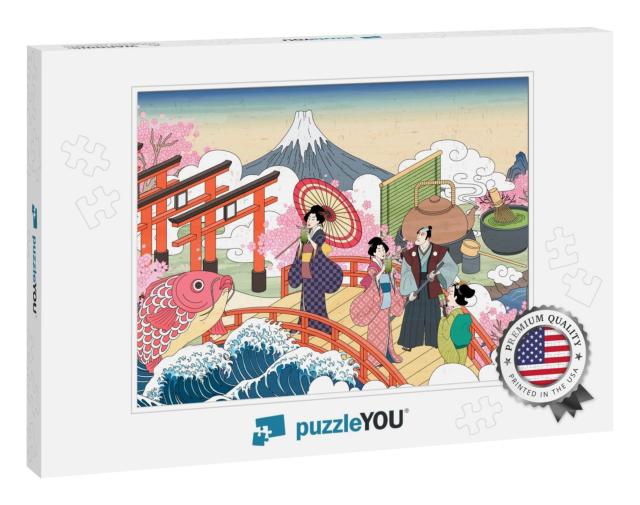 Retro Japan Scenery in Ukiyo-E Style, People Carrying Enj... Jigsaw Puzzle