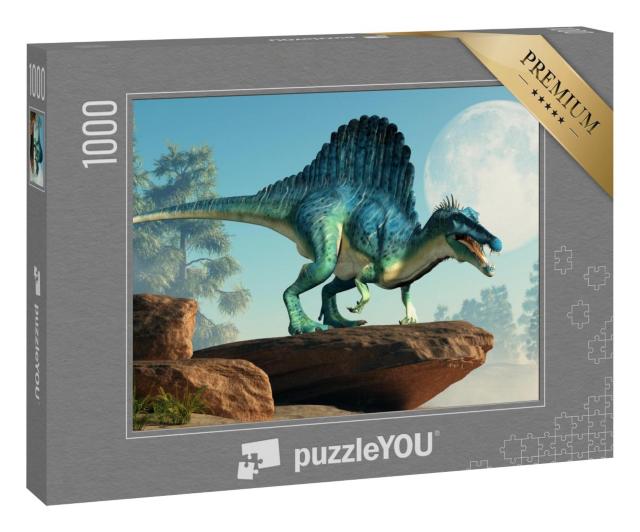 Puzzle 100 Teile „3D-Illustration: ein Spinosaurus auf einer Klippe bei Mondschein“