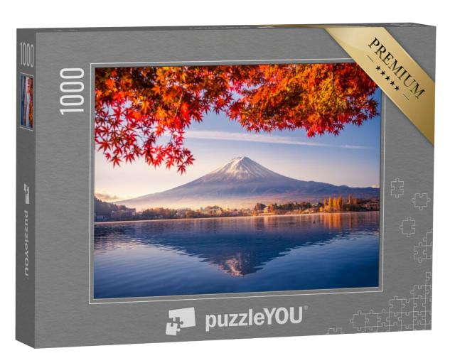 Puzzel 1000 stukjes „Herfstochtend op de berg Fuji met rode bladeren bij het Kawaguchiko meer, Japan“