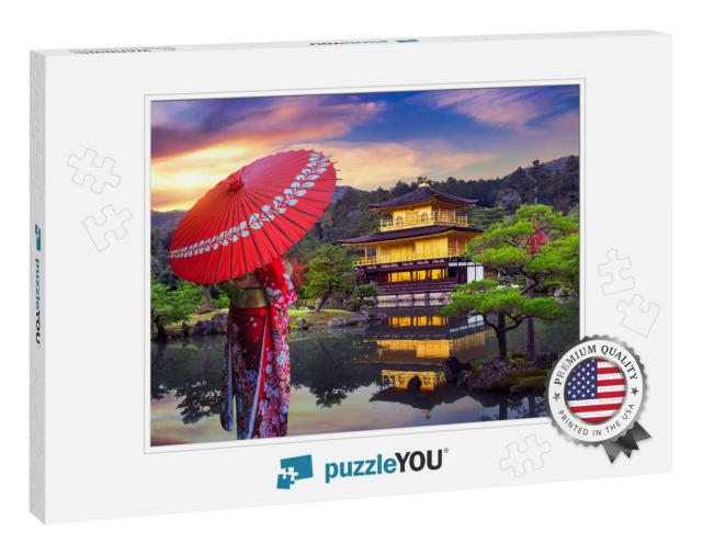 Asian Woman Wearing Japanese Traditional Kimono At Golden... Jigsaw Puzzle