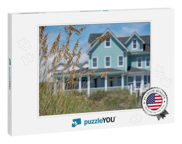 Coastal Beach House in a Pastel Teal Color with Plants &... Jigsaw Puzzle
