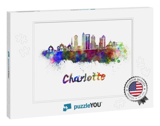 Charlotte Skyline in Watercolor Splatters with Clipping P... Jigsaw Puzzle