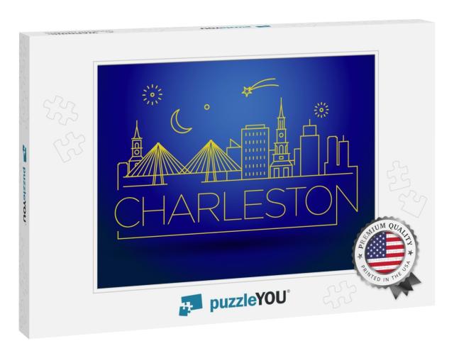 Minimal Charleston Linear City Skyline with Typographic D... Jigsaw Puzzle