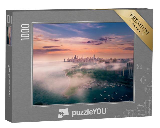 Puzzel 1000 stukjes „Chicago en Lake Michigan in mist“