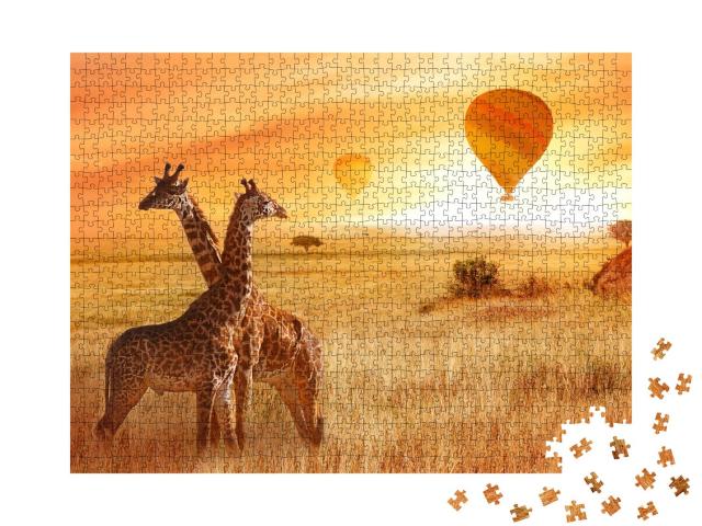 Puzzle 1000 Teile „Aussichtsreiche Ballonfahrt: Giraffen in der afrikanischen Savanne“
