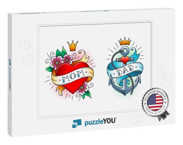 Set of Classic Tattoo - Heart with Flowers & Word Mom on... Jigsaw Puzzle