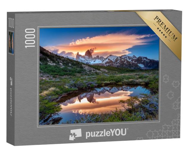 Puzzel 1000 stukjes „Uitzicht op de Fitz Roy met weerspiegeling in het meer, Patagonië, Argentinië“