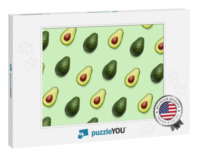Fresh Avocado Pattern on Light Green Background, Top View... Jigsaw Puzzle