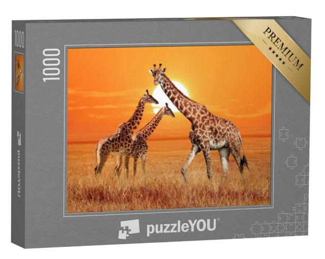 Puzzel 1000 stukjes „Giraffe met haar twee jongen, Serengeti Nationaal Park, Tanzania“