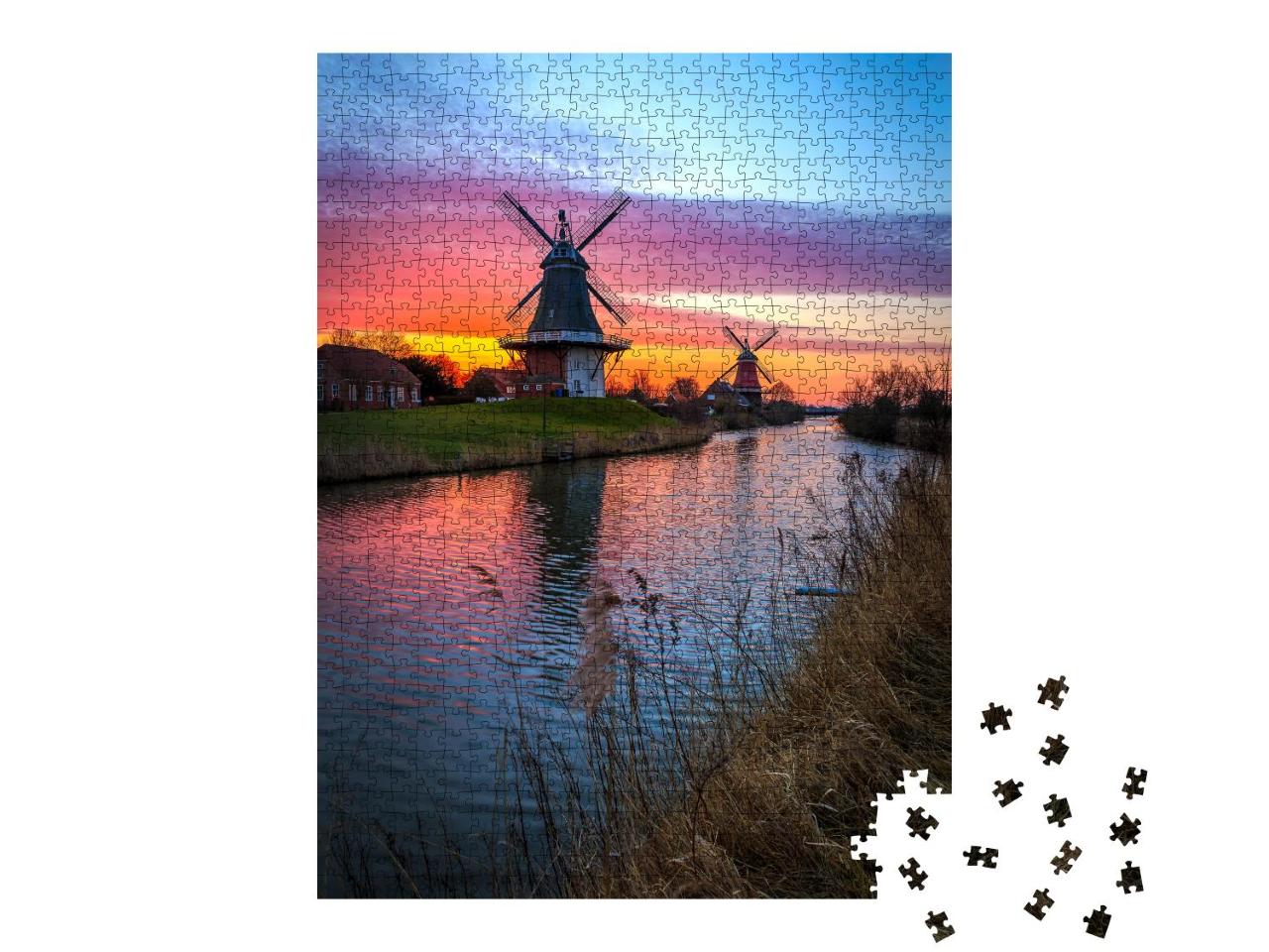 Puzzle 1000 Teile „Zwillingsmühlen von Greetsiel, Ostfriesland bei Sonnenaufgang“