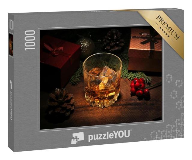 Puzzle 1000 Teile „Feiertagsstimmung: Glas mit Cognac oder Whiskey, Tannenzapfen, Tannenzweige“