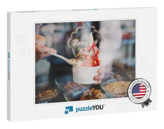 Seller Pours Sauce on a Soft Frozen Yoghurt in White Take... Jigsaw Puzzle