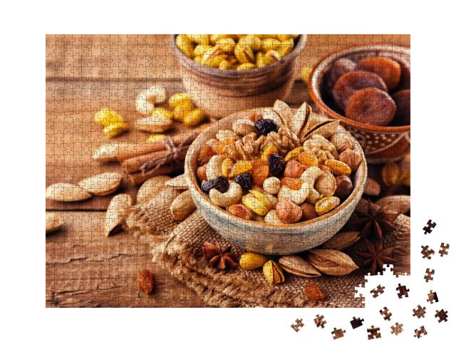 Puzzle 1000 Teile „Mischung aus Nüssen und Trockenfrüchten in verschiedenen Schalen“