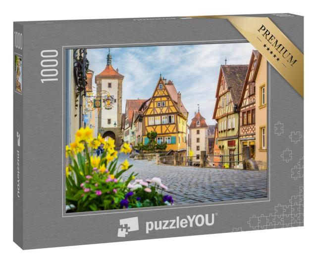 Puzzle 1000 Teile „Stadt Rothenburg ob der Tauber mit blühenden Blumen, Bayern, Deutschland“