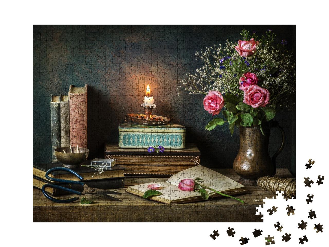 Puzzle 1000 Teile „Klassisches Stillleben mit Vintage-Büchern, alten Boxen und schönen Rosen“