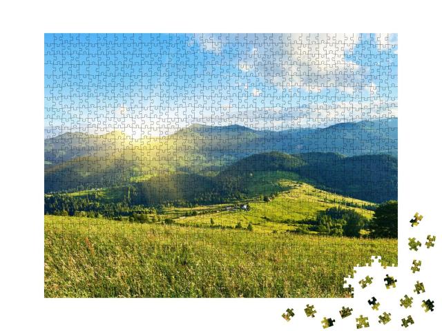 Puzzle 1000 Teile „Sonniger Blick über die wunderschöne Landschaft der Alpen“