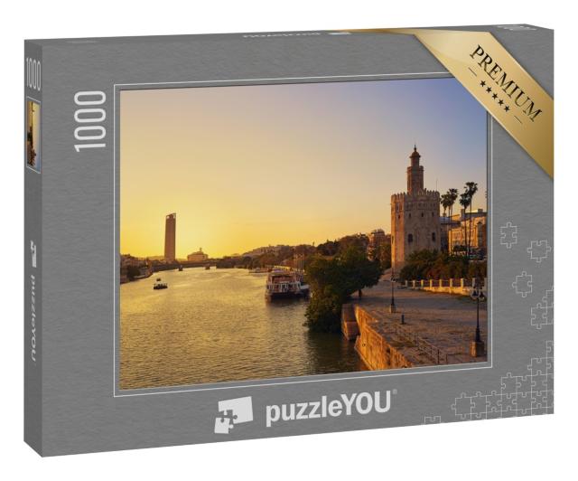 Puzzle 1000 Teile „Sonnenuntergang über Sevilla: Torre del Oro, Spanien“