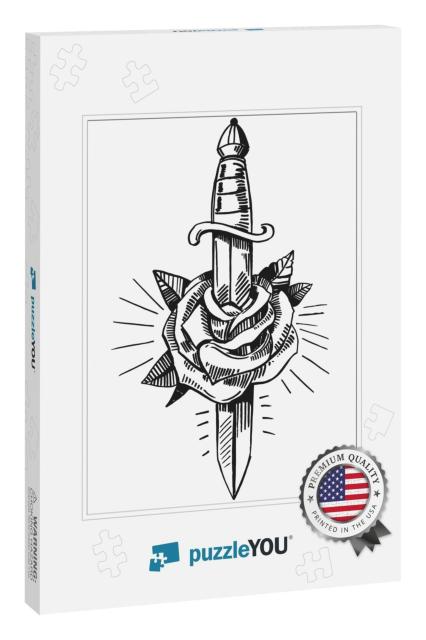 Tattoo Sketch with Dagger & Rose. Hand Drawn Illustration... Jigsaw Puzzle