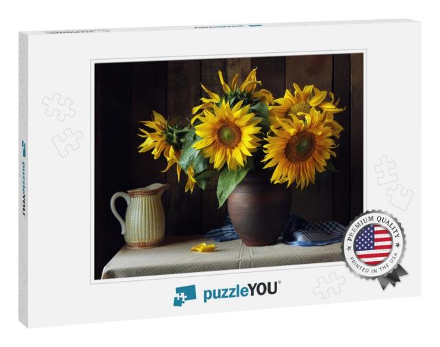 Bouquet of Sunflowers in a Clay Jug on the Table on the W... Jigsaw Puzzle
