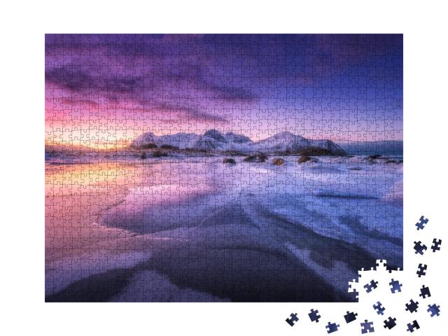 Puzzle 1000 Teile „Eisige Meeresküste bei buntem Sonnenuntergang, Lofoten, Norwegen“