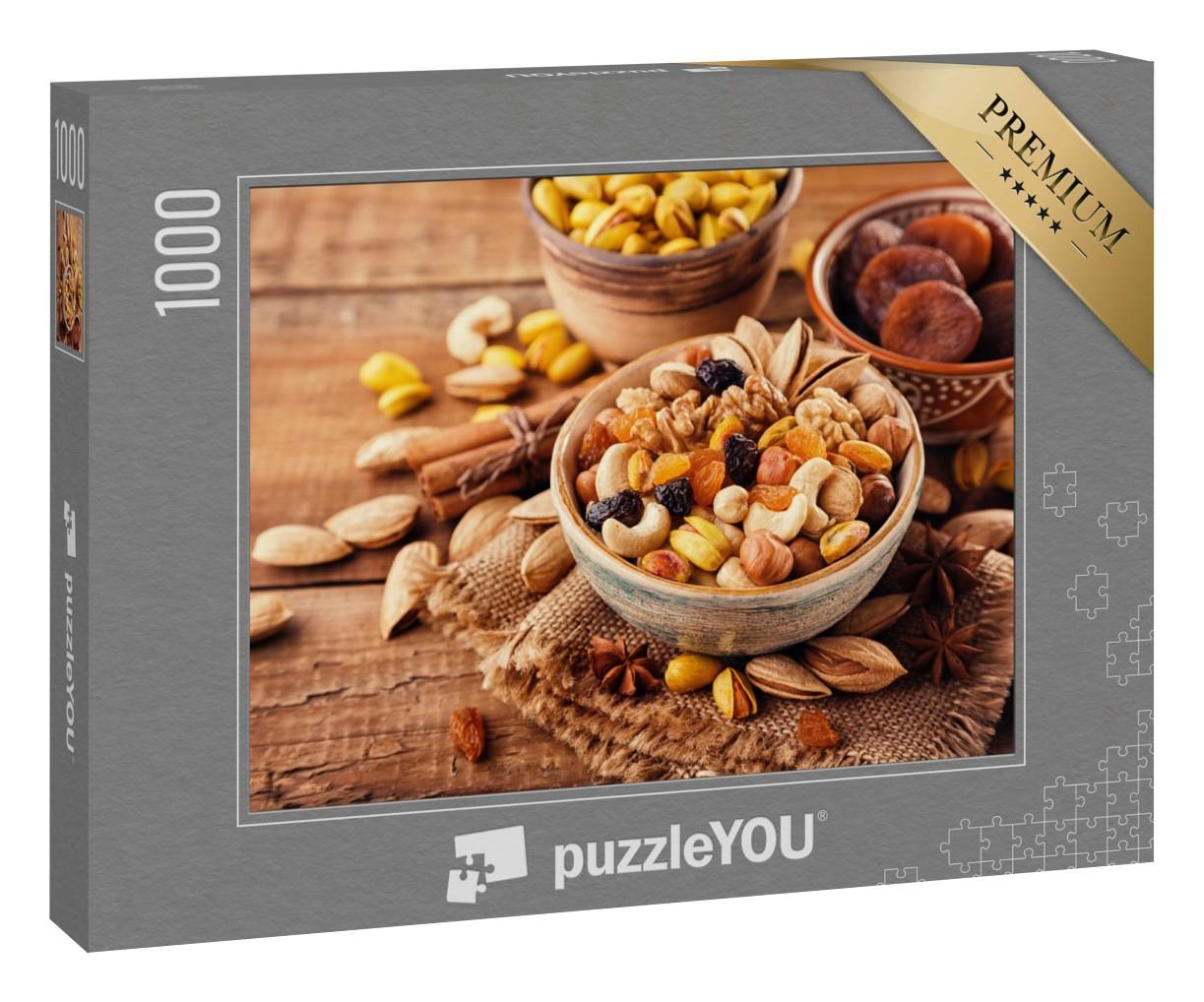 Puzzle 1000 Teile „Mischung aus Nüssen und Trockenfrüchten in verschiedenen Schalen“