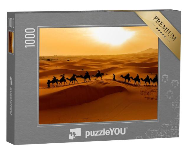 Puzzel 1000 stukjes „Kamelenkaravaan: Toeristen verkennen de Sahara-woestijn, Marokko“