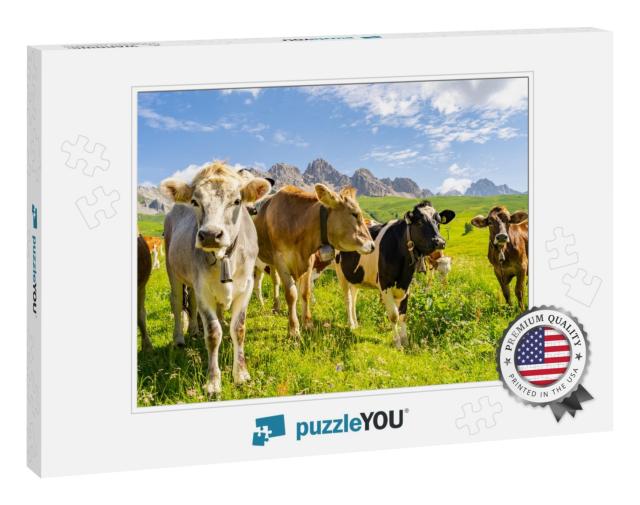 Idyllic Landscape with Herd of Cow Grazing on Green Field... Jigsaw Puzzle